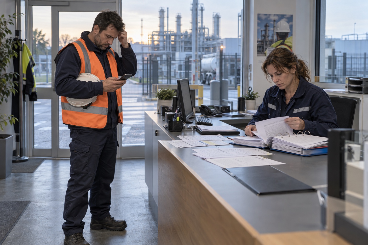 À l’accueil d’un site industriel, un technicien cherche un document sur son téléphone pendant que la référente du site consulte des dossiers papier