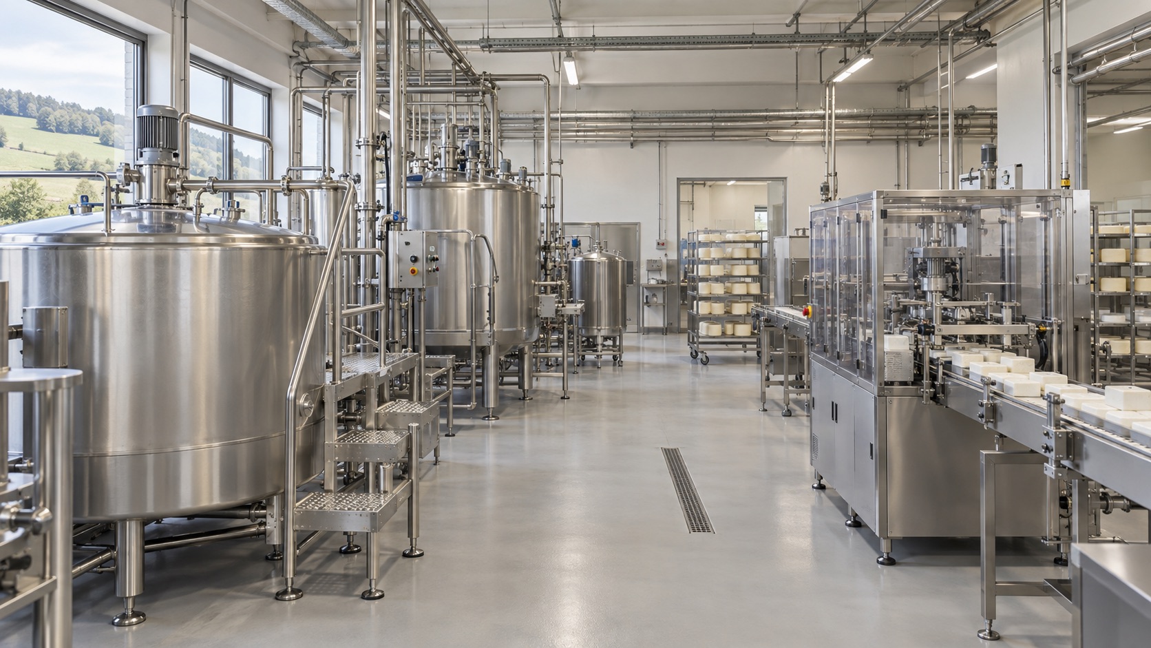 Vue intérieure illustrée d’un atelier agroalimentaire avec cuves en inox, tuyauteries et ligne de conditionnement.